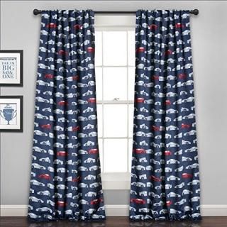 Race Cars Room Darkening Window Curtain Navy/Red Set 52x84