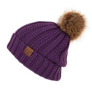 C.C Exclusives Fuzzy Lined Knit Fur Pom Beanie Hat YJ-820 Purple