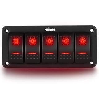 Nilight 5 Gang Rocker Switch Panel 5Pin On Off Toggle Switch Aluminum Holder 12V