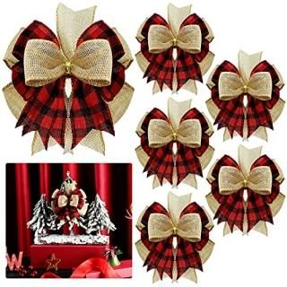 6 Pieces Burlap Wreaths Bows Plaid Burlap Bows Double Layed Bows Christmas Tree 