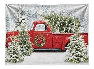 Funnytree 95 x 72 Christmas Red Truck Backdrop Winter Snowy Forest Tree Backgrou