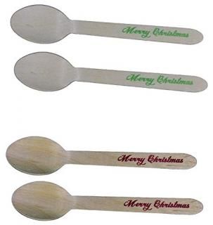 Disposable Wooden Spoons with Merry Christmas Print - 24 Pack of Red & 24 Pack o