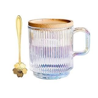 Clear iridescent glass mug with lid and cherry blossoms spoon tea mugs coffee gl