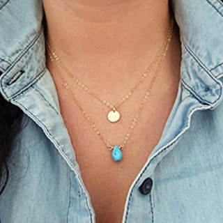 Jovono Boho Layered Turquoise Necklaces Gold Sequin Pendant Necklace Chain Jewel