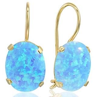 Blue Opal Gold Earrings - 14K Solid Yellow Gold Oval Shape Dangle Drop Earrings 