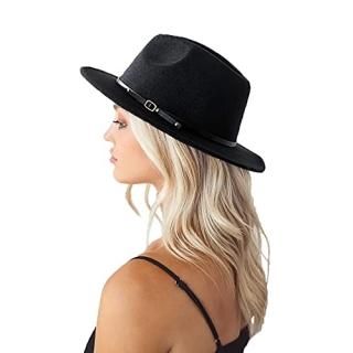 Classic Felt-Fedora Hat with Belt Buckle Women Wide Brim Wool Panama-Hat Adjusta