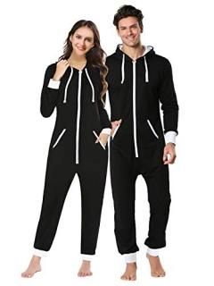 dressfan Unisex Pajamas Hooded Onesie Thermal Jumpsuit Black Zipper Non-Footed W