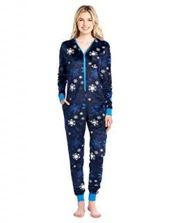 Ashford & Brooks Women's Fleece Hooded One Piece Pajama - Navy Frozen Snowflake 