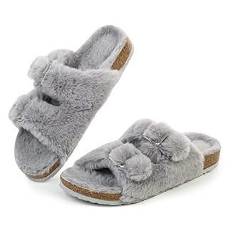 FITORY Womens Open Toe Slipper with Cozy LiningFaux Rabbit Fur Cork Slide Sandal