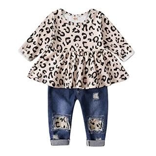 12-18 Month Girl Clothes 2PCS Leopard Long Sleeve Shirt Denim Ripped Jeans Cute 