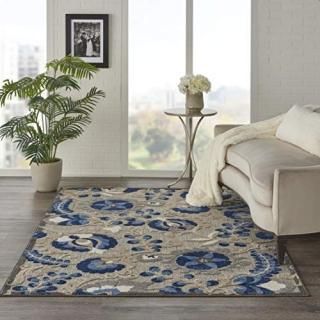 Nourison Aloha ALH05 Indoor/Outdoor Floral Natural/Blue Area Rug 6' x 9' 6'X9'