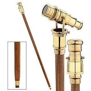 Brass Finish - Vintage Brass Handle Victorian Telescope Head Foldable Wooden Wal