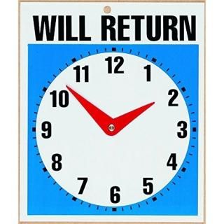 Double-Sided Open/Will Return Sign w/Clock Hands Plastic 7-1/2 x 9 