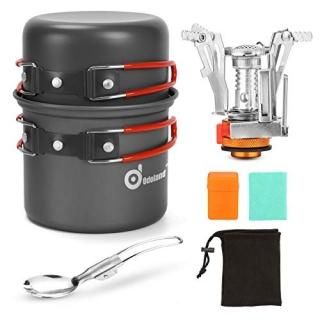 Odoland 6pcs Camping Cookware Mess Kit with Lightweight Pot Stove Spork and Carr