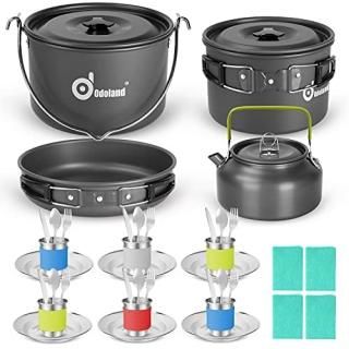 Odoland 39pcs Camping Cookware Mess Kit Non-Stick Large Size Hanging Pot Pan Ket