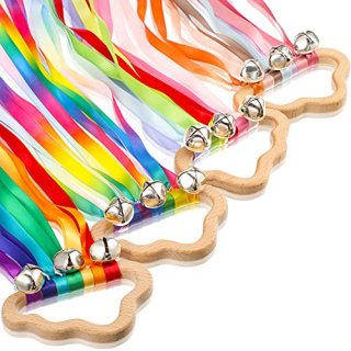 4 Pieces Rainbow Hand Ribbon Kite with Bells Wind Wand Dancing Ribbon Streamer C