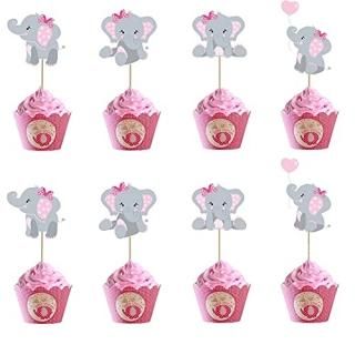 Morofme 48pcs Pink Elephant Cupcake Toppers Double Sided It is A Girl Elephant C