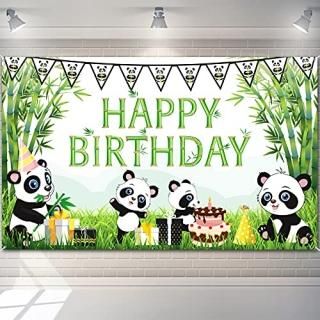 Cartoon Panda Happy Birthday Backdrop Green Bamboo Panda Theme Baby Shower Photo