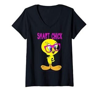 Womens Looney Tunes Tweety Bird Smart Chick V-Neck T-Shirt