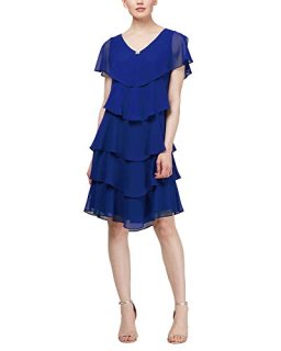 S.L. Fashions Women's Short Sleeve Solid Pebble Tiered Chiffon Dress Missy and P