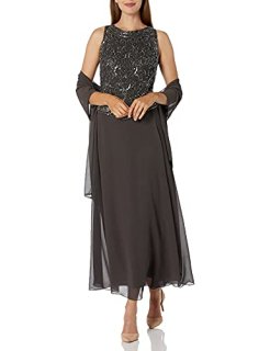 J Kara Women's Long Beaded V Trim Detail Dress with Scarf Slate/Mercury/Gun 14