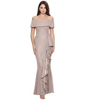Betsy & Adam Off-The-Shoulder Glitter Gown Blush 6