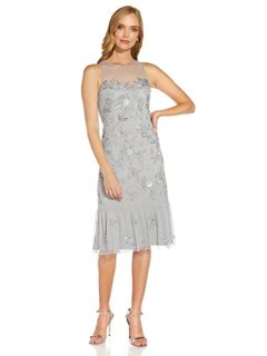 Adrianna Papell Women's Beaded Tea Length Dress Silver Mist 12