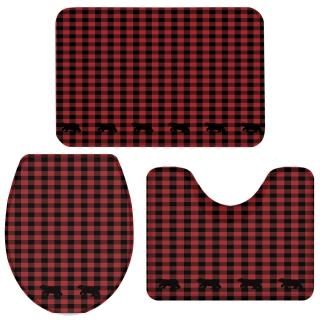 3 Piece Bath Rugs Sets Large Christmas Bear Red Black Buffalo Check Plaid Non Sl