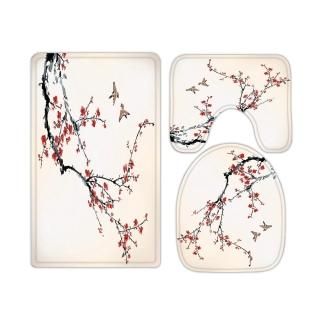 Cherry Blossom Tree Branch Bird Chinese Ink Painting Bathroom Rugs and Mats Sets