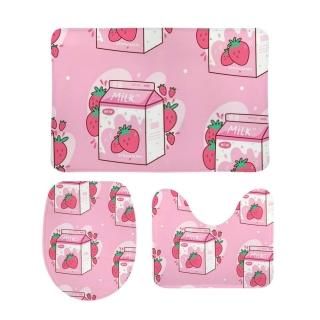 Kuizee Bath Rug Set 3 Piece ?Carton of Strawberry Milk Kawaii Anime Cartoon Pink
