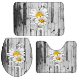 Bathroom Rugs and Mats Set 3 Pcs Farm White Daisy Flowers in Glass Vase Anti Sli