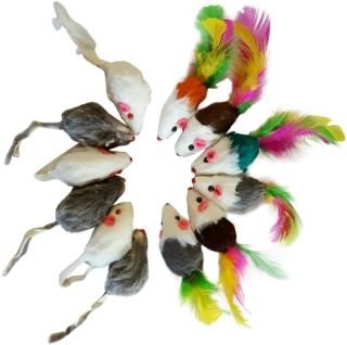 12 Cat Real Fur Rattling Mice 6 Plain and 6 with Feathers