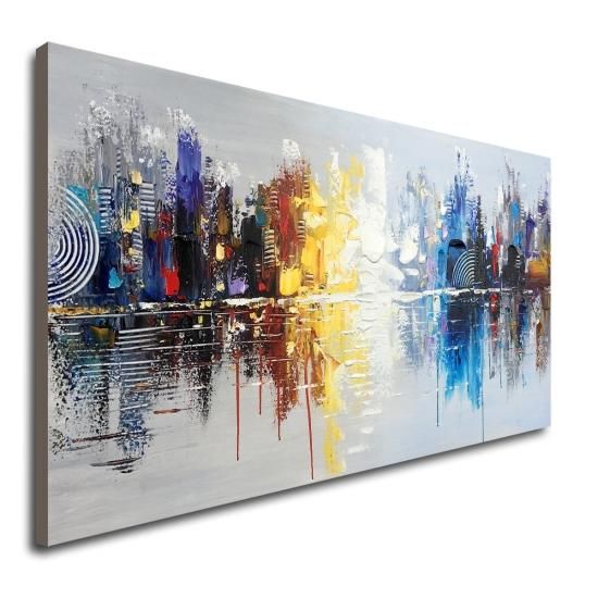 一番人気物 ハンドペイント 都市風景 モダン 油絵 キャンバス 反射 抽象 絵画