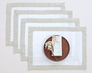 Solino Home Decorative Linen Placemats Set of 4  White/Natural Shimmer Border Ta