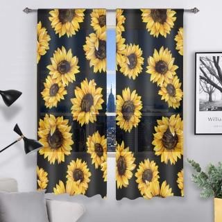 QH Beautiful Sunflower Black Window Sheer Curtains for Living Room Bedroom Kids 