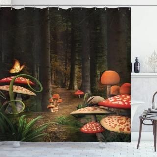 Mushroom Decor Shower Curtain Set by Ambesonne Mushrooms in the Deep Dark Forest