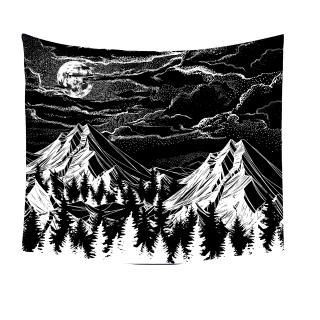 KamaLove Mountain Tapestry Black and White Moon and Clouds Psychedelic Wall Tape