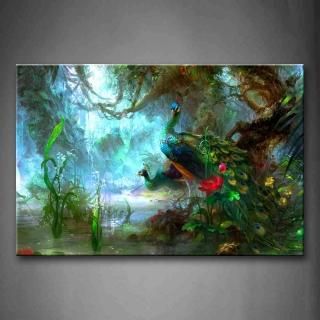 Two Peacocks Walk In Forest Beautiful Wall Art Painting The Picture Print On Can