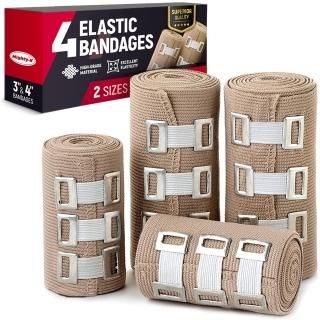 Premium Elastic Bandage Wrap - 4 Pack + 12 Extra Clips - Durable Compression Ban