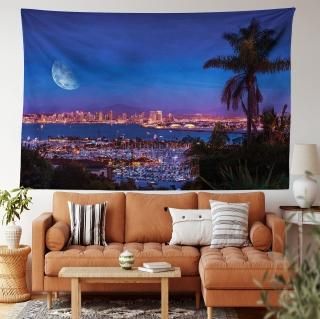 Lunarable USA Tapestry San Diego California Night with Large Moon on The Horizon