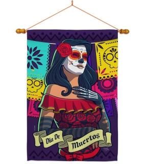 Breeze Decor La Calavera Catrina House Flag Dowel Set Fall Day of Dead Dia De Lo