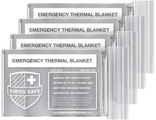 Swiss Safe Emergency Mylar Thermal Blankets 4-Pack + Bonus Signature Gold Foil S