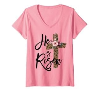 Womens Easter He is Risen Leopard for Christian Teen Girls Women V-Neck T-Shirt