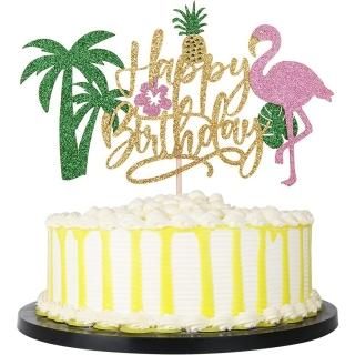 PALASASA Glitter Flamingo Happy Birthday Cake Topper Hawaiian Luau Tropical Pine