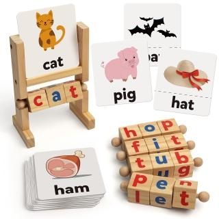 Coogam Wooden Reading Blocks Short Vowel Rods Spelling Games Flash Cards Turning