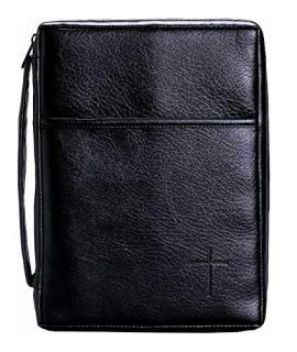 Soft Black Embossed Cross with Front Pocket Leather Look Bible Cover with Handle