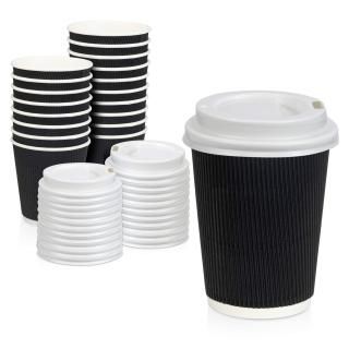 50 Pack Disposable Hot Cups with Lids - 12 oz Black Double Wall Insulated Ripple