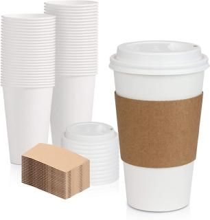 50 Pack White Coffee Cups with White Dome Lids and Brown Sleeves - 16oz Disposab