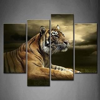 4 Panel Wall Art Tiger Looking and Sitting Under Dramatic Sky with Clouds Painti