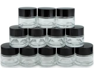 Vivaplex 12 Clear 1 oz Round Glass Jars with Inner Liners and black Lids